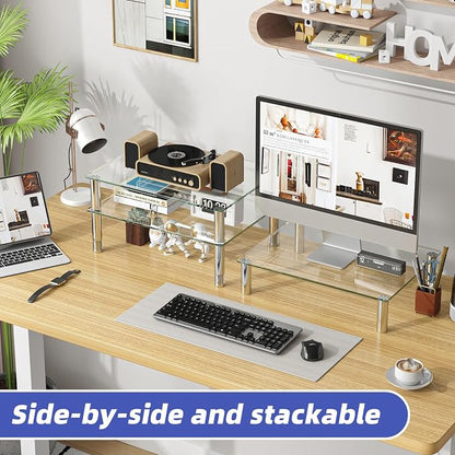 Simple Trending 2-Pack Tempered Glass Monitor Stand, Adjustable, Clear | 14.25"L x 9.5"W, height 3.5"-5", tilt 0-15°. Holds 88 lbs, impact/heat resistant. Stainless steel feet. Easy assembly.