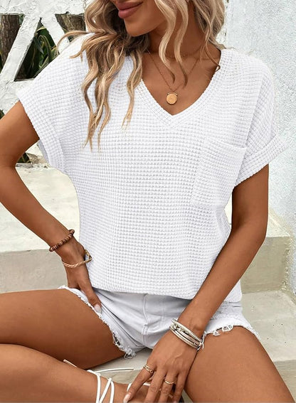 Dokotoo Womens Waffle Knit Tops 2026 Spring Summer V Neck Shirts Casual Trendy Women's Blouses Basic Tee