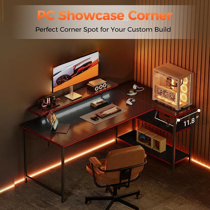 Mericonia 40 in Corner Desk with Monitor Stand, Small L Shaped Gaming Desk | Reversible Computer Desk with Power Outlets, LED Light & Storage Shelves, Office Table for Home Bedroom Study Work Writing