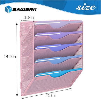 Gawerk 5 Tier Hanging Wall File Organizer, Mesh Mail Paper Orgnization Hanging File Folder Holder for Home Office, Pink
