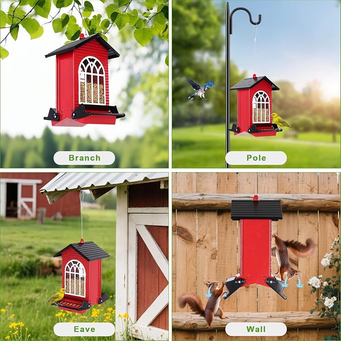 Gbekery Squirrel Proof Bird Feeder for Outdoors,5LB Large Capacity,Metal Wild Bird Seed Feeder with Bilateral Weight-Activated Perches for Outside Hanging,Finch,Cardinal,Blue Jay,Garden Decoration,Red