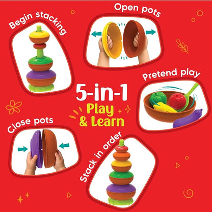 Imagimake Stacking Pots Toys | Leaps & Bounds 6+ Month Old Baby Toy | Learning Toy for Infant & Toddler | 5-in-1 Play & Learn | Stacking, Nesting, Pretend Play | First Birthday Gifts for Girls & Boys