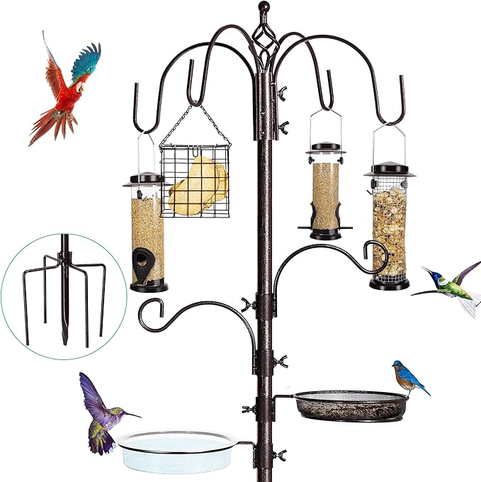YINGYM 6-Hook Bird Feeding Station Kit, Wild Bird Feeder Stand Pole, Multi-Feeder Kit Stand with 4 Feeders, Bird Bath and Mesh Tray, 94 Inch