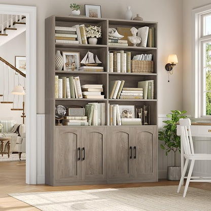 FACBOTALL Bookshelf and Bookcase with Doors, 6 Tier Double Wide Large Bookshelves, Open Display Shelves, 73'' Tall Bookshelf with Storage Cabinets for Home Office, Living Room, Library, Wash Gray