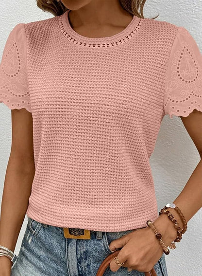 SHEWIN Womens Frenchy Summer Tops Crewneck Short Sleeve T Shirts Casual Waffle Knit Jacquard Blouses Top Shirts