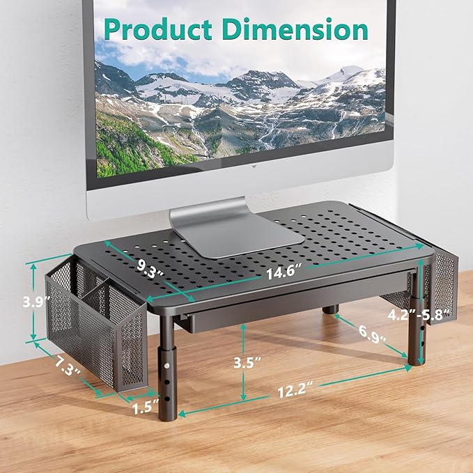 WALI Computer Monitor Stand with Storage, Desk Organizer with Drawer and Pen Holder, Desk Monitor Riser 3 Height Adjustable, Laptop Riser for Computer, Laptop, Printer (STT003DH-B), 1 Pack, Black
