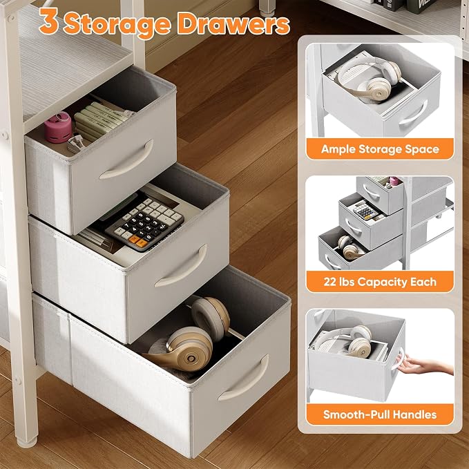 DUMOS L Shaped Desk with Drawers, Gaming Desk, 55 Inch | Power Outlet, Study Table, Adjustable Shelves, Home Office, Corner Computer Workstation, Bedroom, White