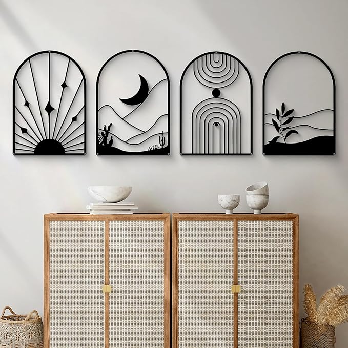Glamativity 4 Pack Black Abstract Metal Wall Art, Minimalist Décor Single Line Art Wall Décor, 3D Textured Metal Wall Sculptures, for Living Room Bedroom Bathroom Study Room (Black Boho, L Size 22.5 x 15.7'')