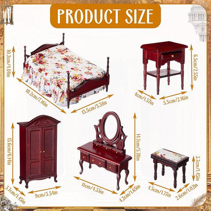 Skylety 7 Pcs Victorian Dollhouse Furniture Set 1: 12 Scale Wooden Mini House Bedroom Furniture and Accessories, Bed Dressing Table Wardrobe Carpet for Adults Toy Gift Miniature Doll House Accessories