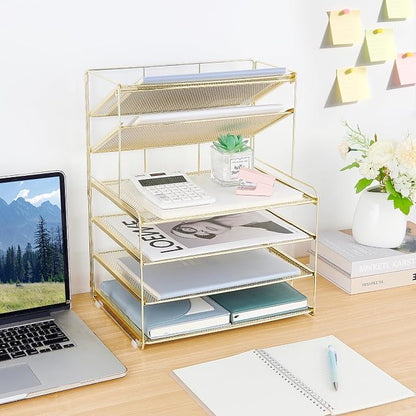 OPNICE Desk Organizer, 6-Tier Letter Tray Paper Organizer, Desktop File Organizer, Office Desk Accessories & Office Decor for Women, Workspace Organizer for Office Supplies(Gold)