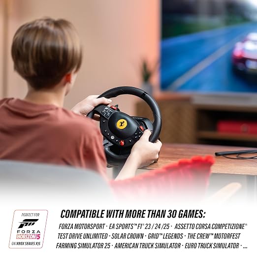 Thrustmaster T98 X Ferrari Licensed Racing Wheel & Pedal Set - XBOX & PC | 240-degree rotation, bungee-cord resistance, paddle shifters, 3 driving modes, Hall-Effect sensors, tool-free desk clamp