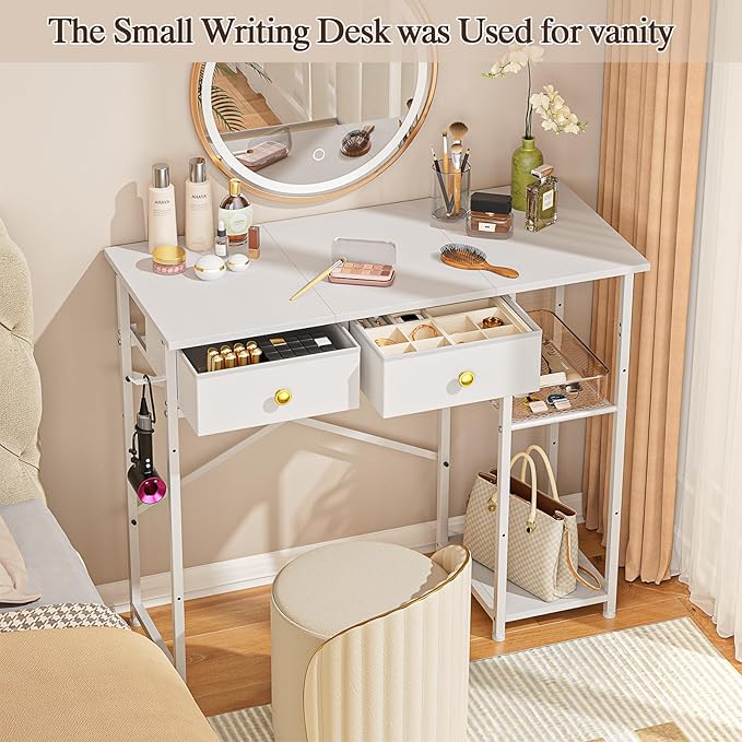 DAOUTIME White Computer Desk, 36 Inch Small Desk with Drawers, Home Office Desk with Storage Shelves for Bedroom, Living Room, Dorm, Vanity Desk for Small Spaces, White