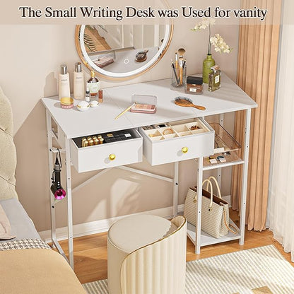DAOUTIME White Computer Desk, 36 Inch Small Desk with Drawers, Home Office Desk with Storage Shelves for Bedroom, Living Room, Dorm, Vanity Desk for Small Spaces, White