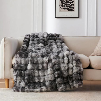 COOVA Faux Fur Throw Blanket for Couch, Cozy Soft and Fuzzy Plush Rabbit Fur Bubble Blanket for Sofa Bedroom Living Room, 50x60 Inches Tie Dye Light Grey