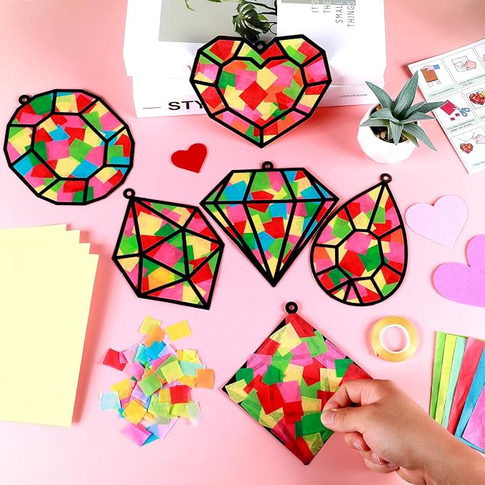 Qyeahkj 36 Set Jewel Suncatchers Crafts for Kids DIY Diamond Window Tissue Paper Craft Kit Jewel Hanging Decor for Summer School Home Activity Art Project Birthday Party Favor Gift