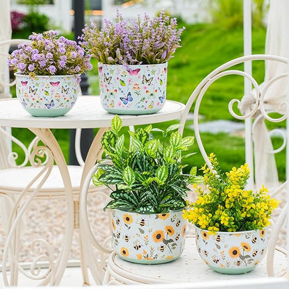 Butterfly & Bee Metal Planters Set of 2 – Decorative Flower Pots with Colorful Garden Prints, Outdoor & Indoor Use Cute Spring Floral Design for Patio, Balcony, Home Decor (Butterfly)