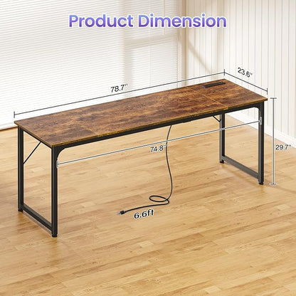 PRAISUN 80 X 24 Inch Computer Desk, Power Outlets, USB-C, Rustic Brown | Office Desk with 4 AC Outlets, USB & USB-C, Sturdy Metal Frame, Spacious Desktop for Work, Writing, Study & Gaming