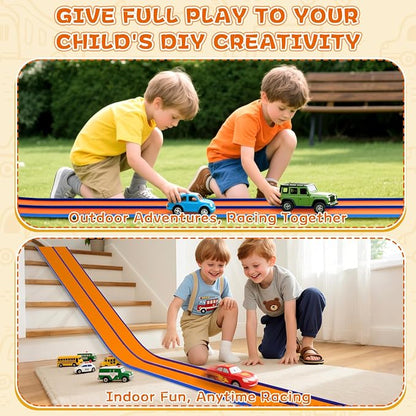 15 Ft Flexible Race Track for Kids – Portable Car Race Track Starter Set with Suction Cups, Rolls Up Easy, Compatible with 1/64 Diecast Cars, Birthday Gift for Boys & Girls Ages 3+ (Orange&Blue)