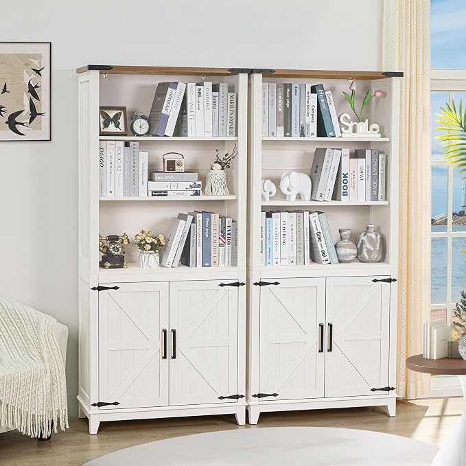 Joaxswe 5 Tier Bookshelf 70in Tall Bookcase with Barn Doors and Storage Cabinet, White Farmhouse Book Shelf with Adjustable Shelves, Wood Freestanding Display Bookshelves for Bedroom, Living Room