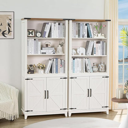 Joaxswe 5 Tier Bookshelf 70in Tall Bookcase with Barn Doors and Storage Cabinet, White Farmhouse Book Shelf with Adjustable Shelves, Wood Freestanding Display Bookshelves for Bedroom, Living Room
