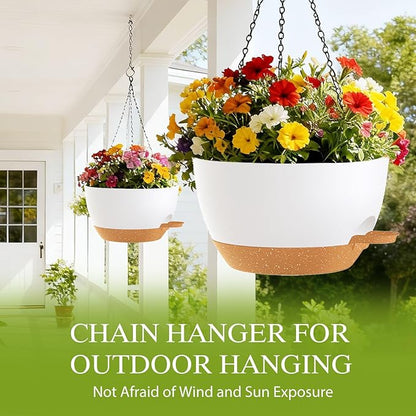 10 Inch Hanging Baskets 2 PC with Chains, Self-Watering Hanging Planters for Indoor Outdoor Plants, Plastic Hanging Flower Pots,White Brown