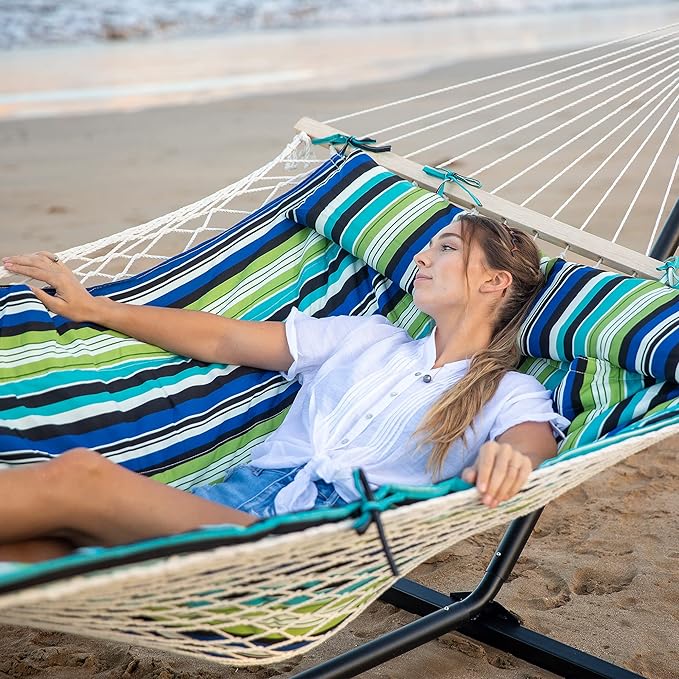 SUNCREAT Hammocks Double Cotton Rope Hammock with Polyester Pad, Heavy Duty Hammock with Steel Stand, Blue&Green