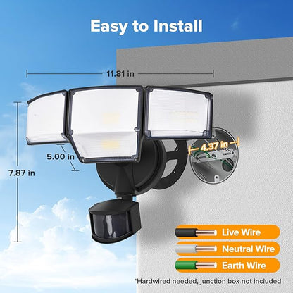 LUTEC 80W 9000LM LED Security Light Hardwire Motion Sensor Outdoor Lights, 4 Head LED Flood Lights Outdoor 5000K Daylight, IP65 Waterproof, Motion Detected Lights for Outside, Garage, Yard (Black)