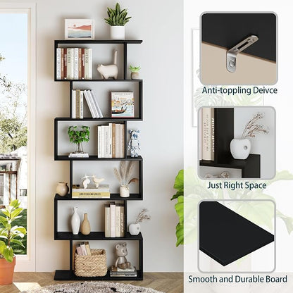 Yusong Bookshelf 6-Tier, Geometric Bookcase S Shaped Book Shelves for Bedroom, Modern Wood Decorative Display Shelf Tall Book Case for Home Office, Black