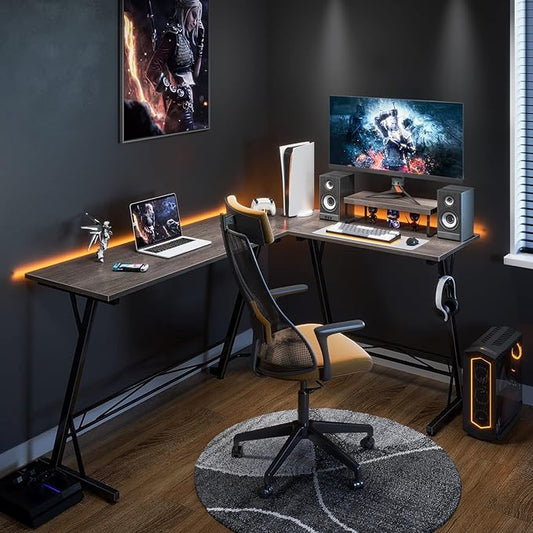 Casaottima Gaming Desk L Shaped Computer Desk, Corner Desk for Home Office with Monitor Stand 66", Gray Oak