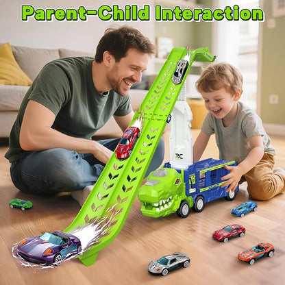 BainGesk Dinosaur Truck Car Toys for 3, 4, 5, 6 Years Old Boys Girls, 3 in 1 Carrier Truck with 2 Foldable Race Tracks, Transport Car with 6 Metal Cars, Birthday Toys Gifts for Toddlers