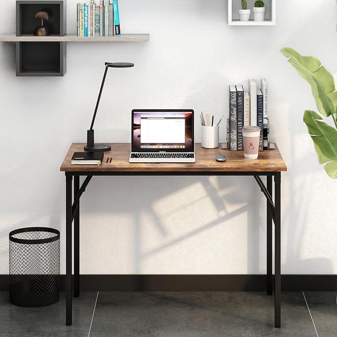 Need Office Computer Desk 39.3 Inch Sturdy Folding Laptop Table Retro | Black Frame Writing Gaming Work Table/Foldable Home Office Desk/Sewing Table, No Assembly Required