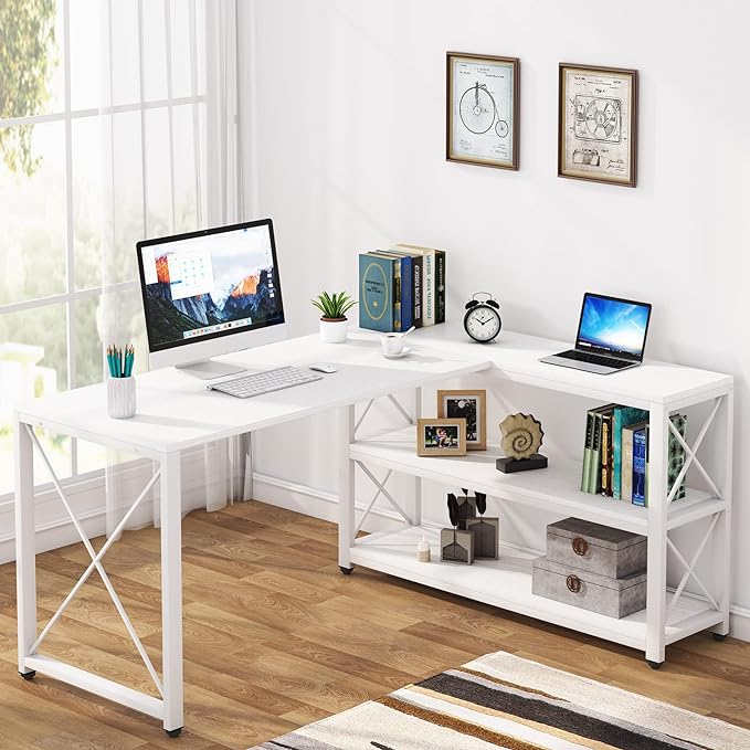Tribesigns Reversible Industrial L-Shaped Desk with Storage Shelves, Corner Computer Desk PC Laptop Study Table Workstation for Home Office Small Space (White, 59")