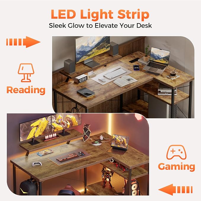 Mericonia 55 in L Shaped Gaming Desk, Large Corner Desk with Monitor Stand | Reversible Computer Desk with Power Outlets, LED Light & Storage Shelves, Office Table for Home Bedroom Study Work Writing