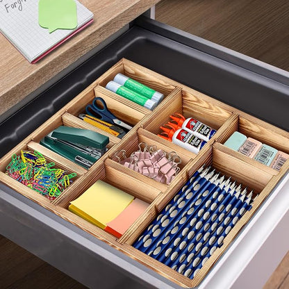 Wooden Desk Drawer Organizer | 9-Slot Desktop Tray | Adjustable Drawer Storage Box for Pens, Keys, Watch, Sticky Notes | Farmhouse Home&Office Decor