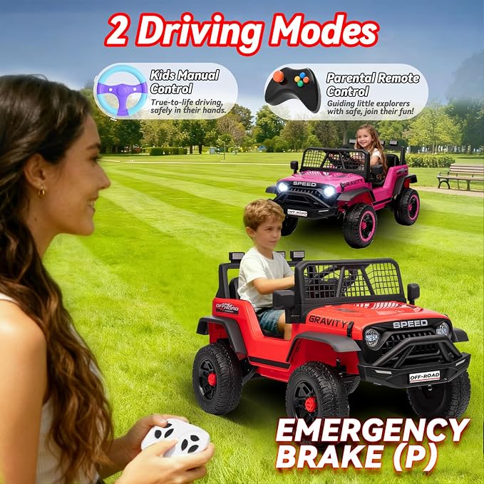 24V Ride on Toys w/Remote Control, 4WD Kids Ride on Truck Car, 3 Speed, Bluetooth Music, Wide Seat, Spring Suspension, LED Light, Birthday for Boys Girls Toddler (D-Red)