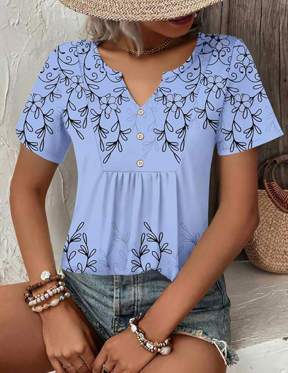 Zeagoo Womens Short Sleeve Tops Summer Henley V-Neck Tshirts Casual Pleated Blouse Dressy Loose Floral Basic Tee