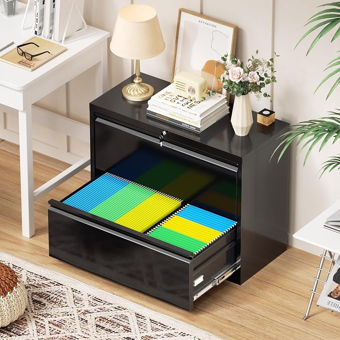 Crownland Lateral File Cabinet with 2 Drawers, 28" W Metal Lockable Office File Cabinets for Home Office- Stores Letter/Legal/A4/F4 Files(Black)
