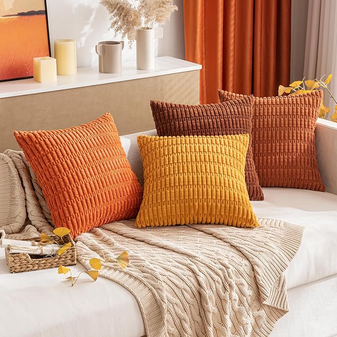 MIULEE Fall Pack of 2 Dark Rust Corduroy Decorative Euro Sham Pillow Covers 22x22 Inch Soft Boho Striped Throw Pillow Covers Modern Farmhouse Home Decor for Sofa Living Room Couch Bed
