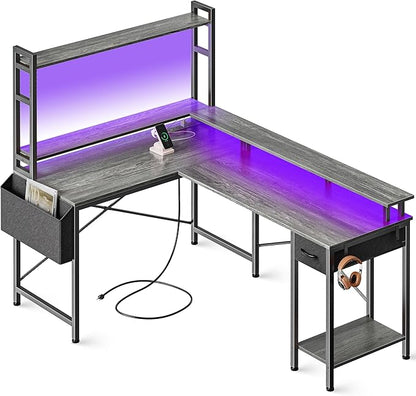 L Shaped Desk Computer Desk with LED Lights & Power Outlets, Gaming Desk with Storage Shelves, Corner Desk Home Office Desks for Bedroom, Grey