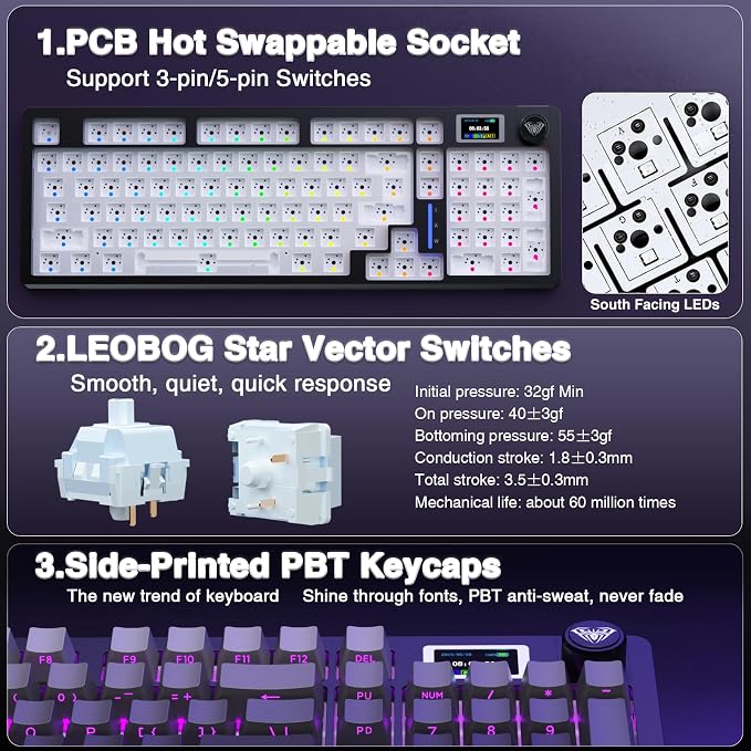AULA S98 Pro Wireless Mechanical Keyboard with Screen & Knob,2.4GHz/USB-C/BT5.0 Hot Swappable Creamy Keyboard,Pre-lubed Linear Switches,Side Printed PBT Keycaps,RGB Backlit Gaming Keyboards