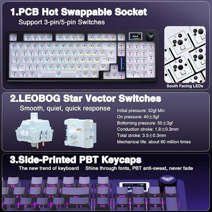 AULA S98 Pro Wireless Mechanical Keyboard with Screen & Knob,2.4GHz/USB-C/BT5.0 Hot Swappable Creamy Keyboard,Pre-lubed Linear Switches,Side Printed PBT Keycaps,RGB Backlit Gaming Keyboards