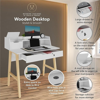 Roma Writing Desk - Elegant Wood Study Desk With Storage, Cable Holes & Drawers - Work Table for Home, Office, Dorm, Small Spaces - Compact Black Desk, 40x19x36.9” (white)