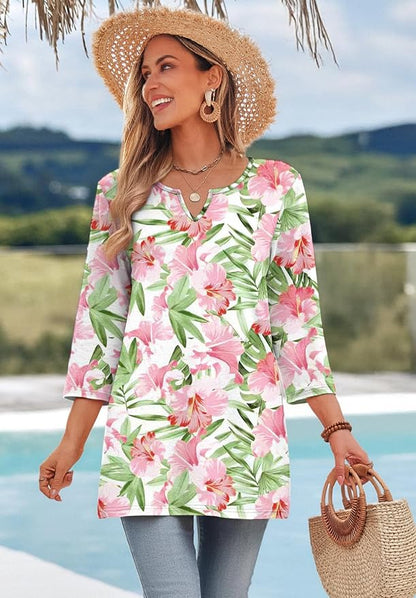 OFEEFAN Summer Boho Tops For Women 3/4 Length Sleeve Womens Tops Vacation Outfits
