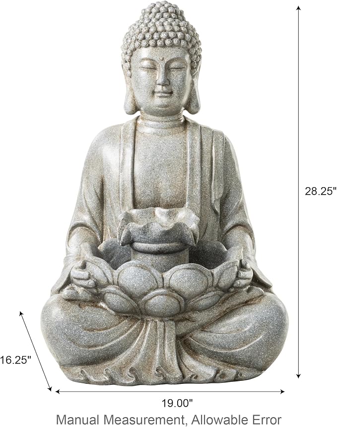 Glitzhome Buddha Outdoor Water Fountain with Lights and Pump, 28.25" H Zen Style Outdoor Fountain Concrete Meditating Buddha Statue Polyresin Garden Fountain Waterfall for Patio, Porch, or Yard Decor