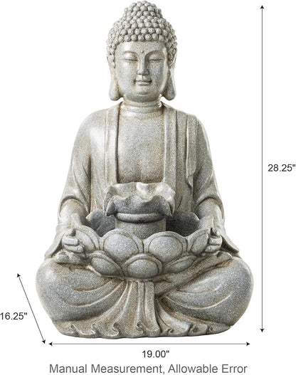 Glitzhome Buddha Outdoor Water Fountain with Lights and Pump, 28.25" H Zen Style Outdoor Fountain Concrete Meditating Buddha Statue Polyresin Garden Fountain Waterfall for Patio, Porch, or Yard Decor