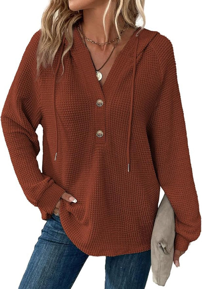 Dokotoo Hoodies for Women Waffle Knit Long Sleeve Drawstring Button V Neck Casual Sweatshirt Hooded Tops Fashion Clothing