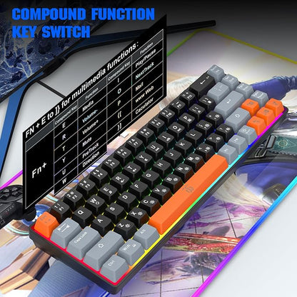 Snpurdiri 60% Percent Gaming Keyboard (68 Keys, Black-Grey-Orange) | Compact RGB Backlit Small Gaming Keyboard for Windows, PC, Laptop