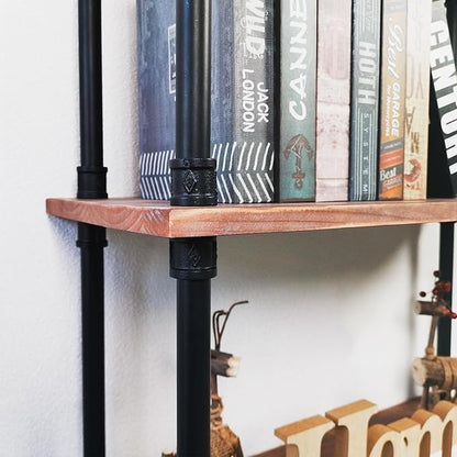 3 Tier Industrial Pipe Bookcase, Rustic Farmhouse Bookshelf with Solid Wood for Living Room, Kitchen, Office