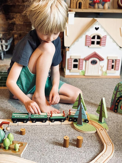 Tender Leaf Toys - Wild Pines Train Set - Stunning Wooden Lumberjack Style Toy Train Set for Age 3+