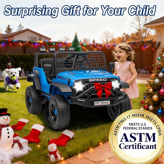 24V Ride on Toys w/Remote Control, 4WD Kids Ride on Truck Car, 3 Speed, Bluetooth Music, Wide Seat, Spring Suspension, LED Light, Birthday for Boys Girls Toddler (BrightBlue)